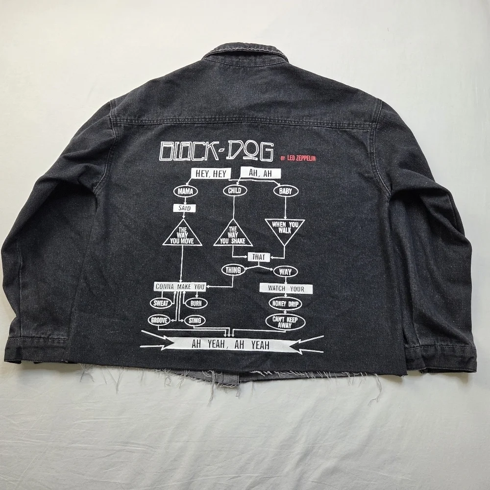 Custom Distressed Black Denim Jacket Black‎ Dog Graphic Grunge Streetwear Size L